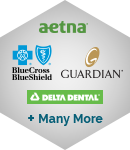 Logos for Aetna BlueCross BlueShield Guardian Delta Dental and many more dental insurances