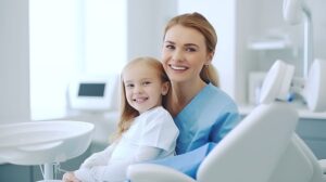 Happy child posing with dental team member